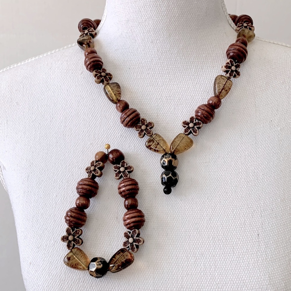 Wooden Bead natural Acrylic Mix Necklace and Bracelet Set